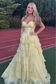 Chiffon A-Line Strapless Empire Tiered Party Prom Dress With Slit