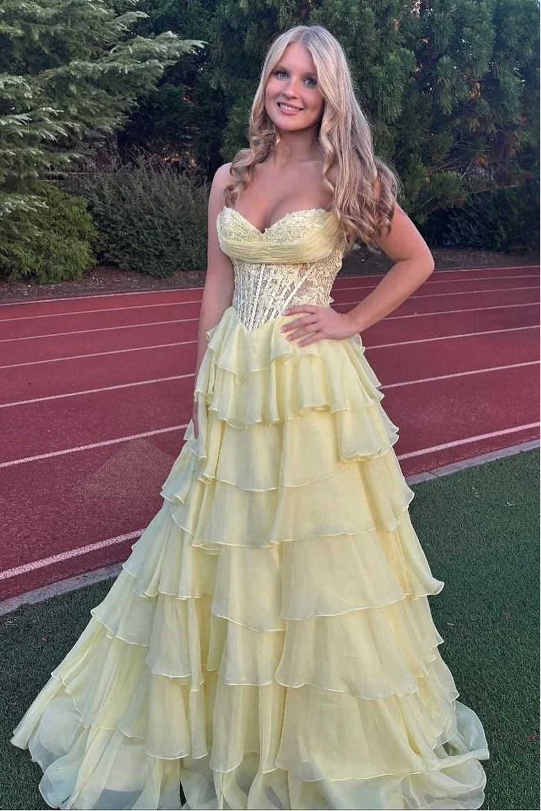 Chiffon A-Line Strapless Empire Tiered Party Prom Dress With Slit