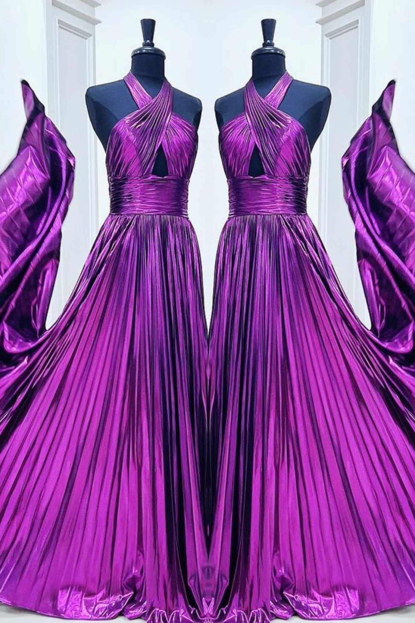 Purple Crossed Halter A-line Satin Long Prom Dress