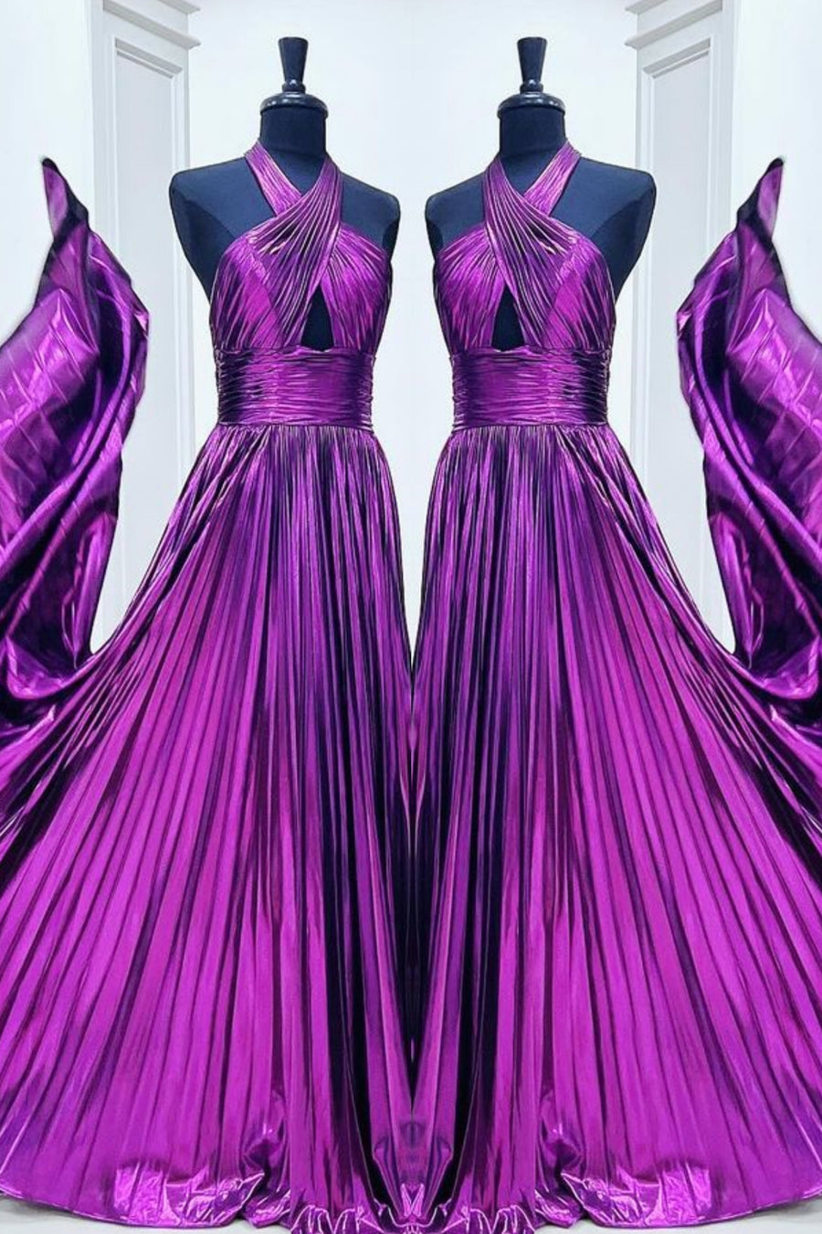 Purple Crossed Halter A-line Satin Long Prom Dress