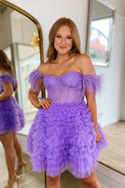 Light Blue Glitter V-neck Short Tulle Homecoming Dress