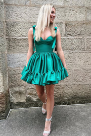 Green Straps A-line Satin Ruffle Mini Homecoming Dress