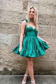 Green Straps A-line Satin Ruffle Mini Homecoming Dress