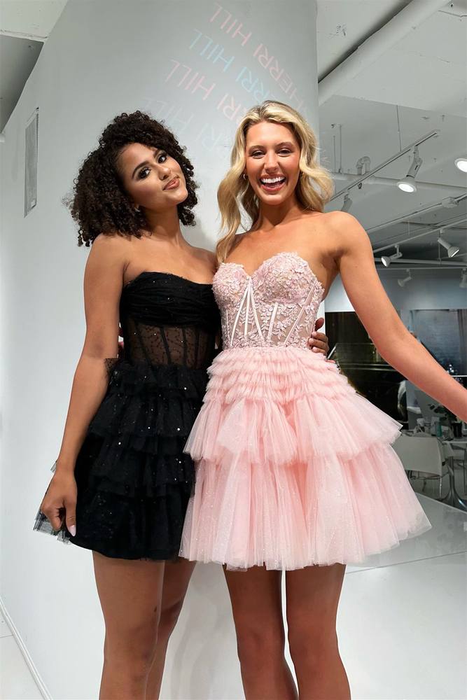 Fuchsia Lace Applique Strapless Ruffled Short Homecoming Dresses