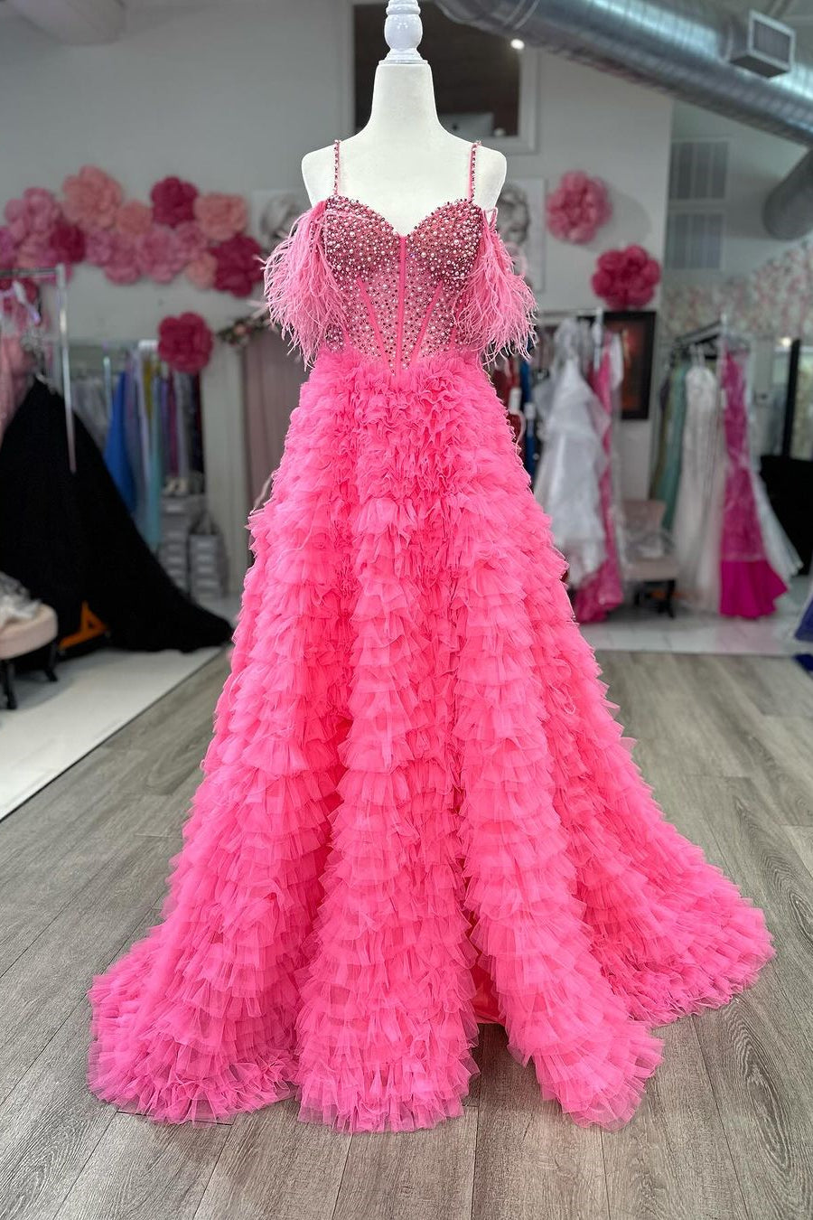 Fuchsia Feathered Off-Shoulder Beaded Ruffled Layers Long Prom Dress