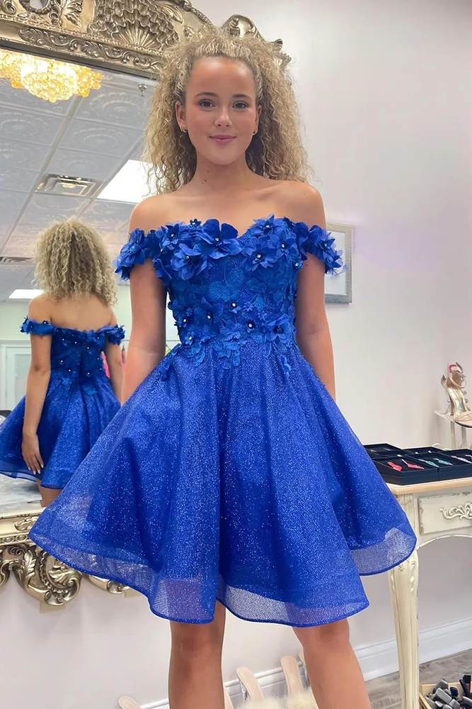 Sparkly Royal Blue A-Line Off the Shoulder Beaded Flowers Homecoming Dress Royal Blue / US 8