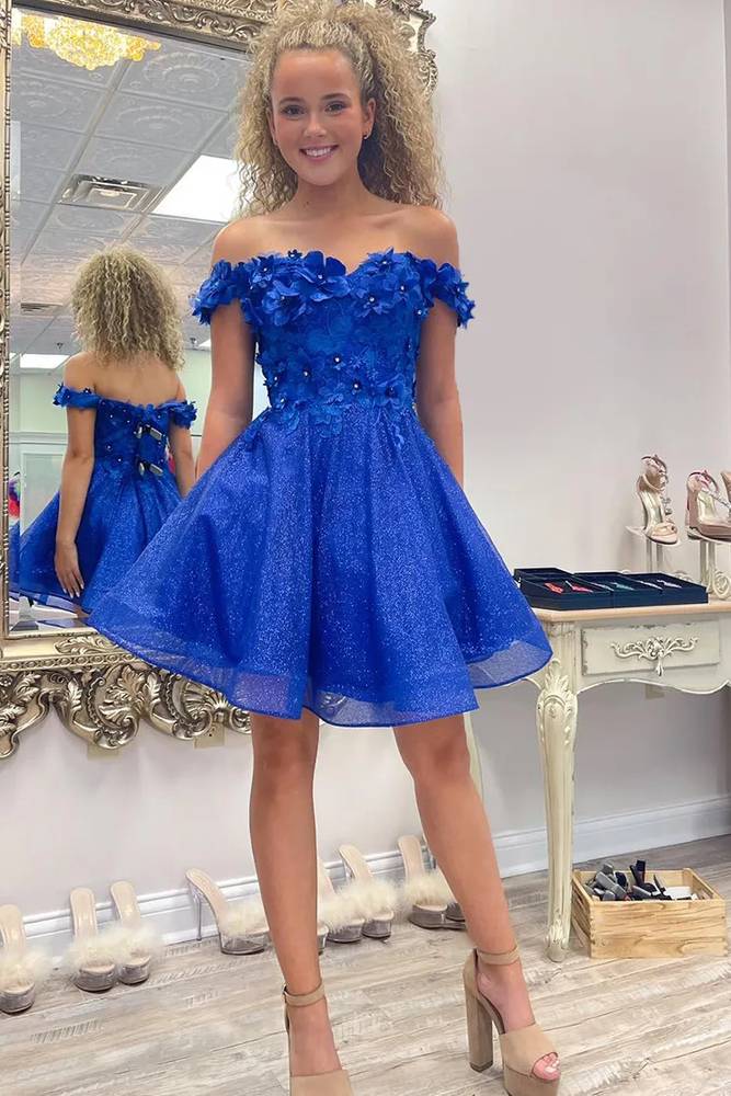 Sparkly Royal Blue A-Line Off the Shoulder Beaded Flowers Homecoming Dress Royal Blue / US 8