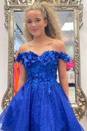 Sparkly Royal Blue A-Line Off the Shoulder Beaded Flowers Homecoming Dress