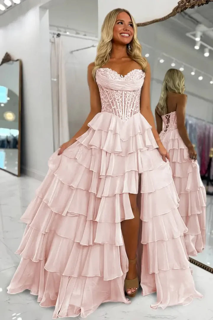 Chiffon A-Line Strapless Empire Tiered Party Prom Dress With Slit