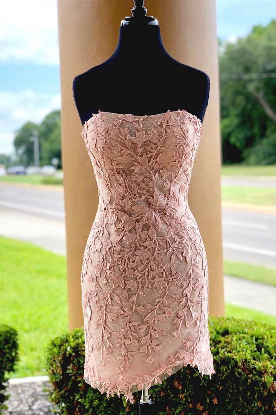 Pink Strapless Sheath Appliques Homecoming Dress | Joyofdress Pink Strapless Sheath Appliques Homecoming Dress | Joyofdress