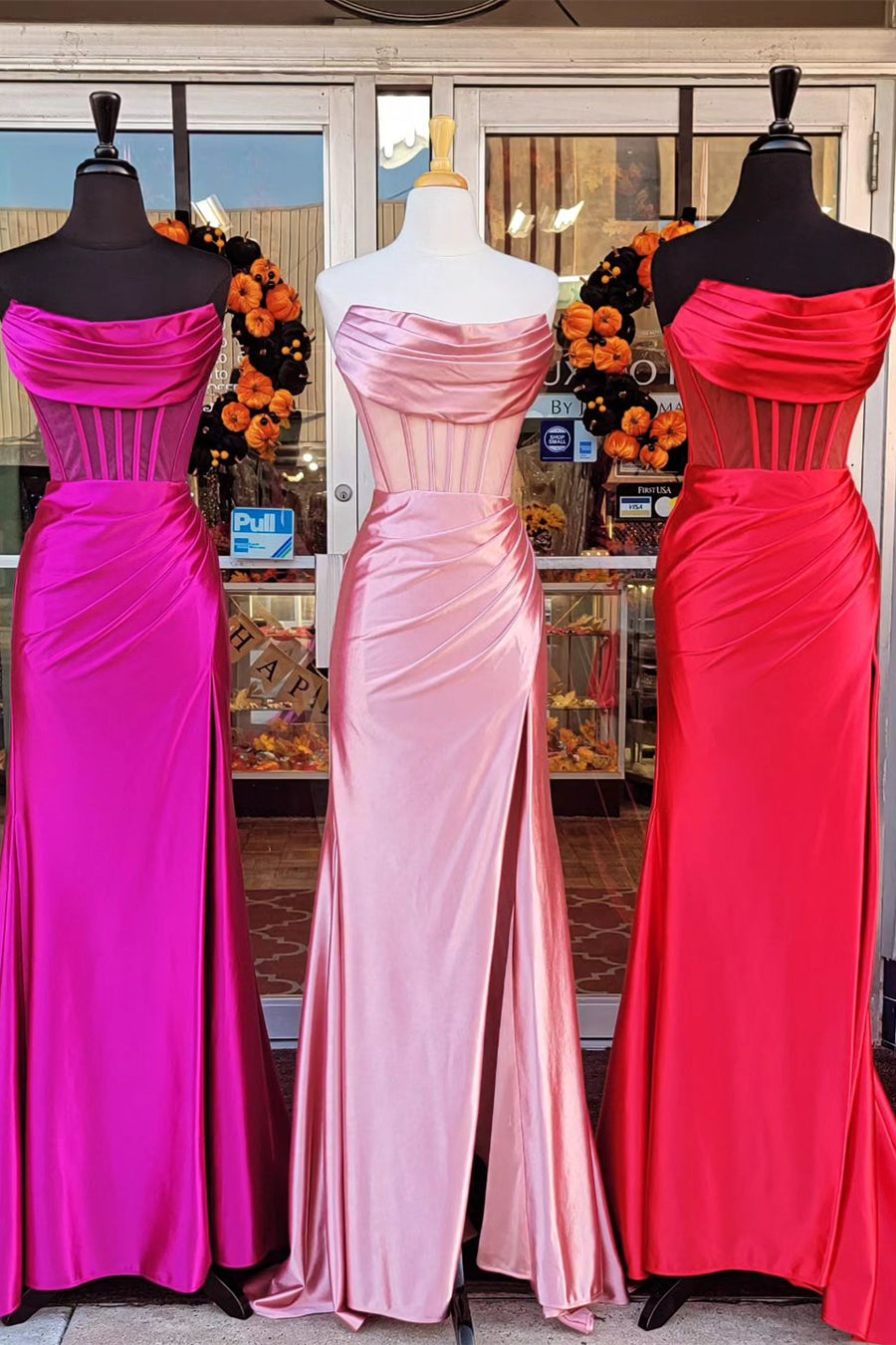 Fuchsia & Pink & Red Strapless Mermaid Boned Satin Long Prom Dress with Slit