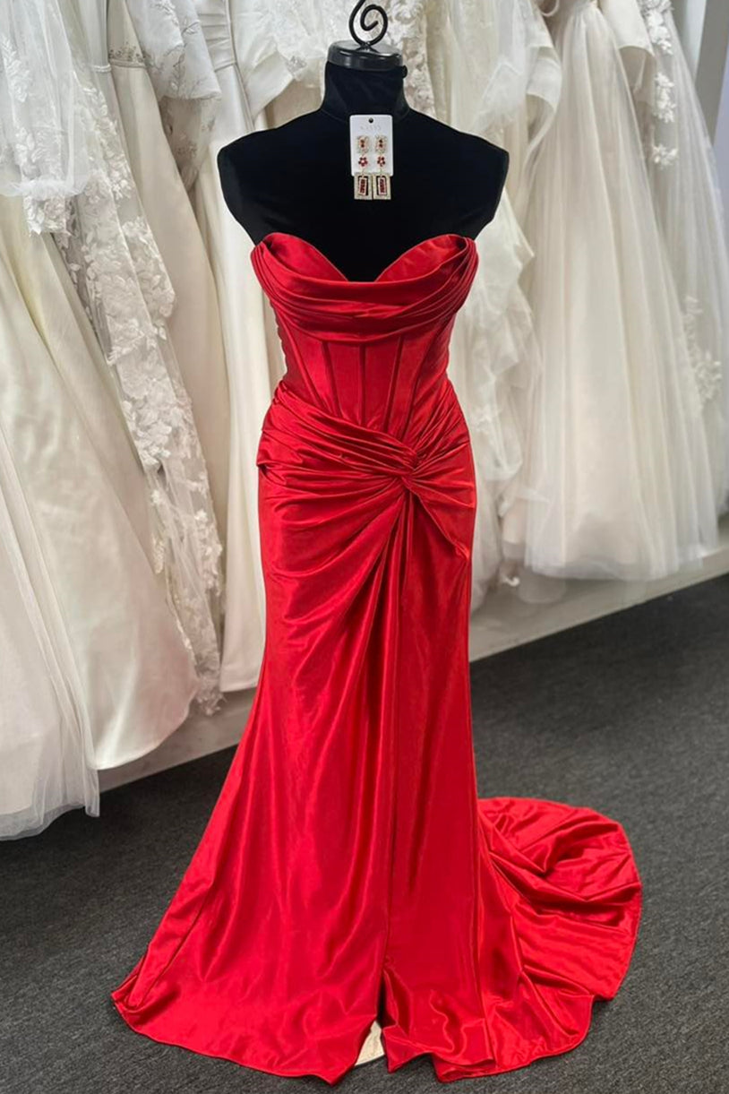Red Strapless Mermaid Twisted Knot Satin Long Prom Dress with Slit