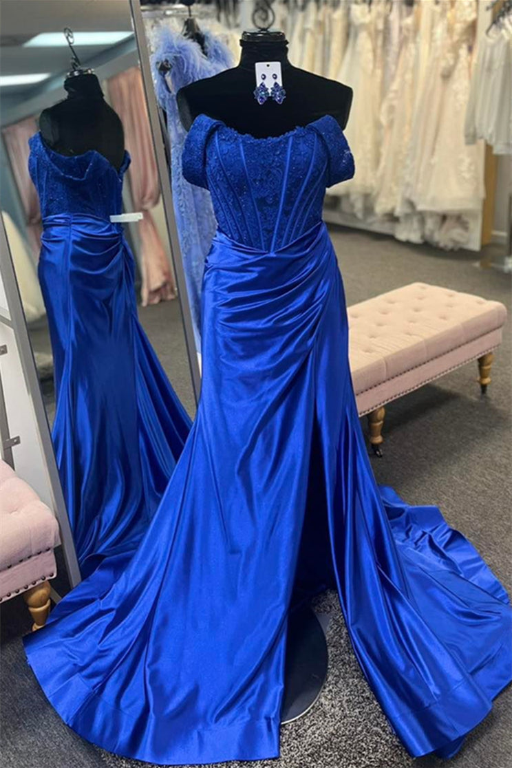 Royal Blue Off-Shoulder Mermaid Floral Satin Long Prom Dress with Slit