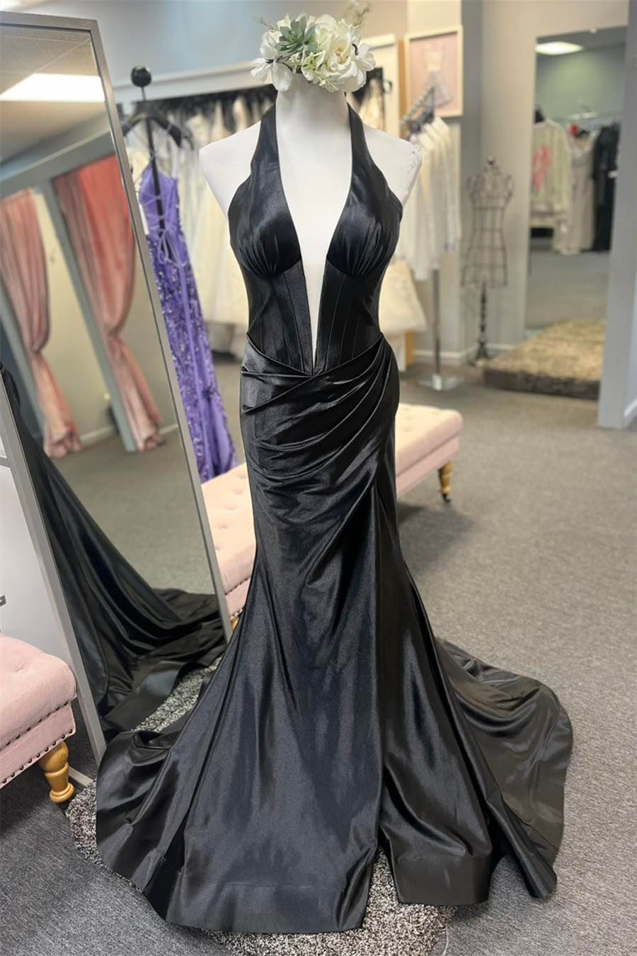 Black Plunging V Halter Mermaid Long Prom Dress