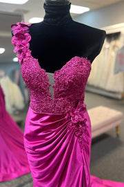 Fuchsia Floral One Shoulder Appliques Mermaid Long Prom Dress with Slit