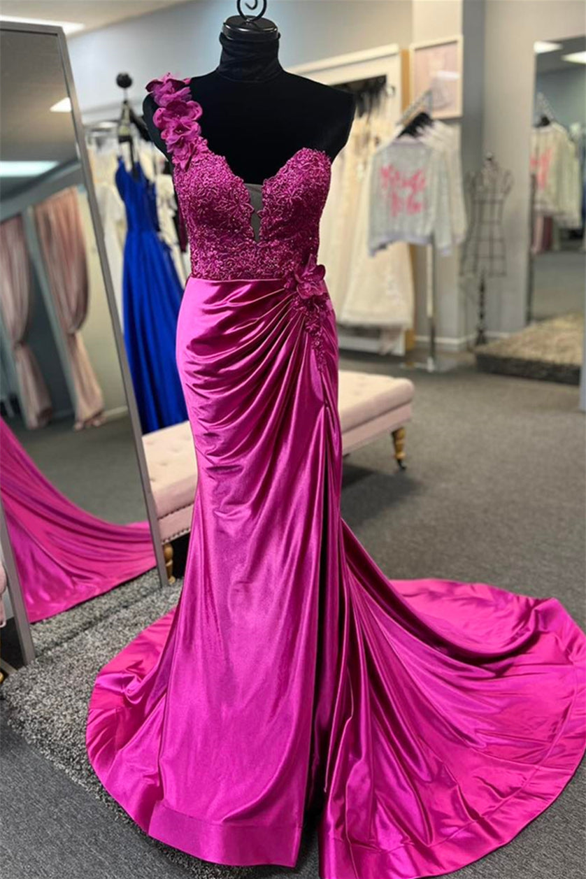 Fuchsia Floral One Shoulder Appliques Mermaid Long Prom Dress with Slit Custom Color / US 14 Fuchsia Floral One Shoulder Appliques Mermaid Long Prom Dress with Slit Custom Color / US 14