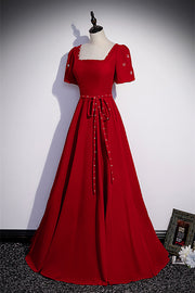 Red Square Neck Bow Cut-Out Back Beaded Long Formal Dress with Sash