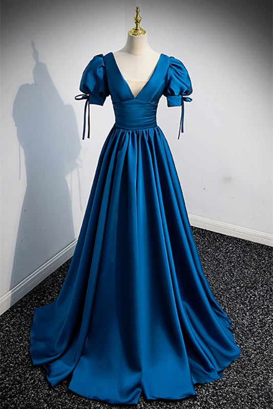Simple Low V-Neck Short Sleeves Satin A-Line Party Prom Dress Blue / US 14
