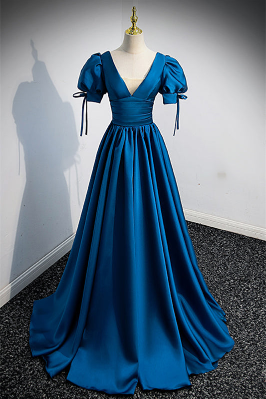 Blue Bow Tie Back V Neck Puff Sleeves Pleated Long Formal Dress