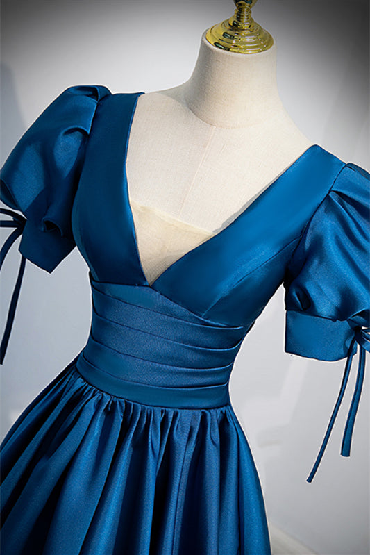 Simple Low V-Neck Short Sleeves Satin A-Line Party Prom Dress