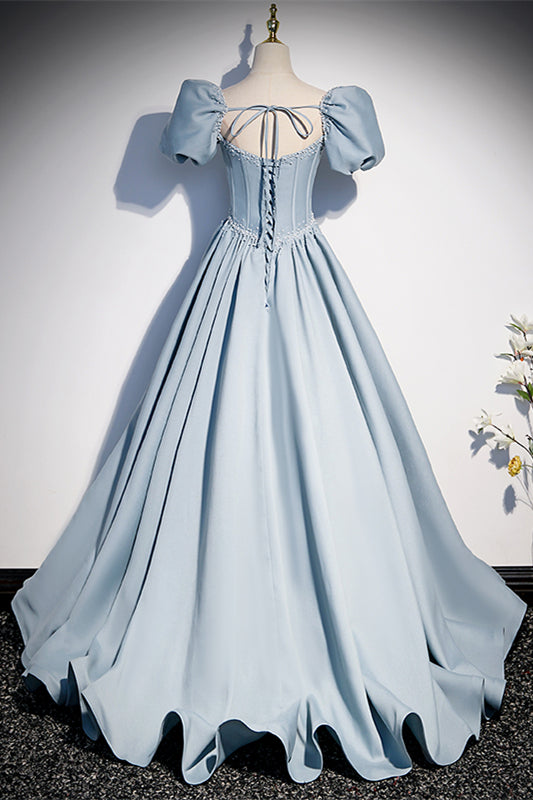 Light Blue Puff Sleeves Bow Tie Back Beaded Lace-Up Back Long Formal Dress