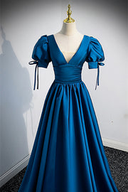 Blue Bow Tie Back V Neck Puff Sleeves Pleated Long Formal Dress