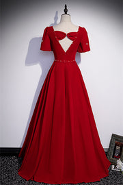 Red Square Neck Bow Cut-Out Back Beaded Long Formal Dress with Sash