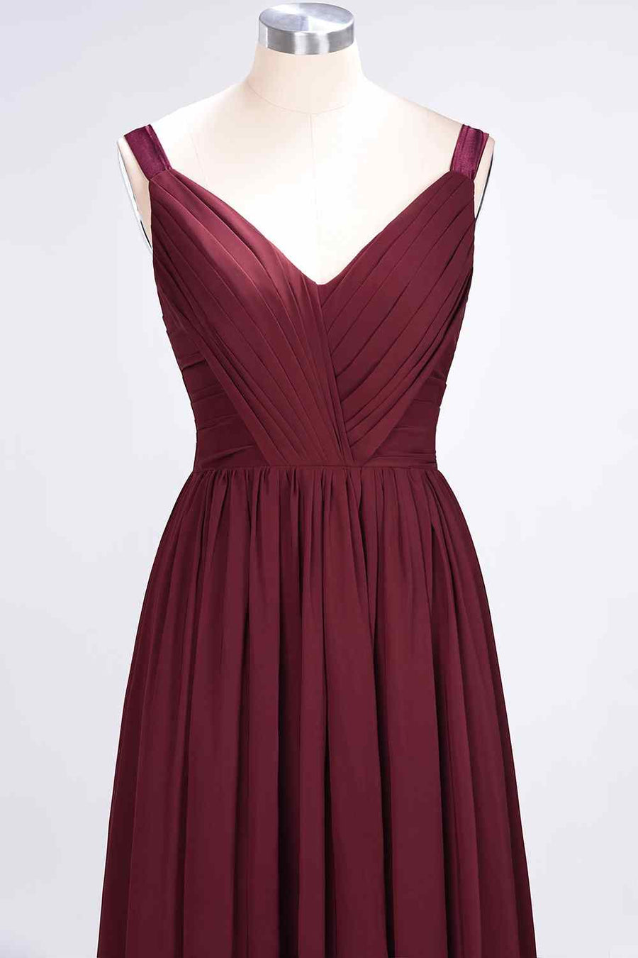 Burgundy A-line V Neck Sheer Straps Pleated Chiffon Long Bridesmaid Dress
