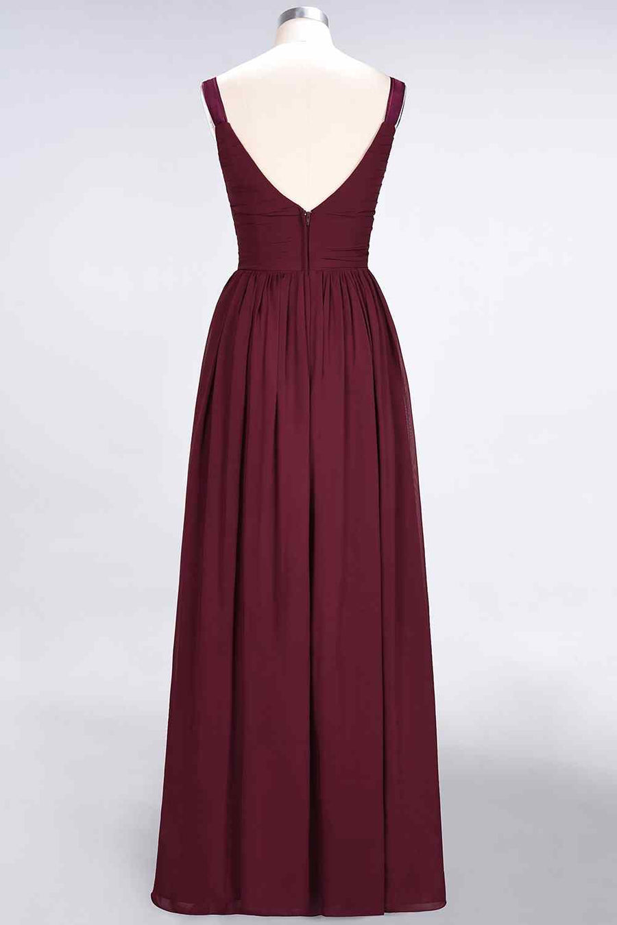 Burgundy A-line V Neck Sheer Straps Pleated Chiffon Long Bridesmaid Dress