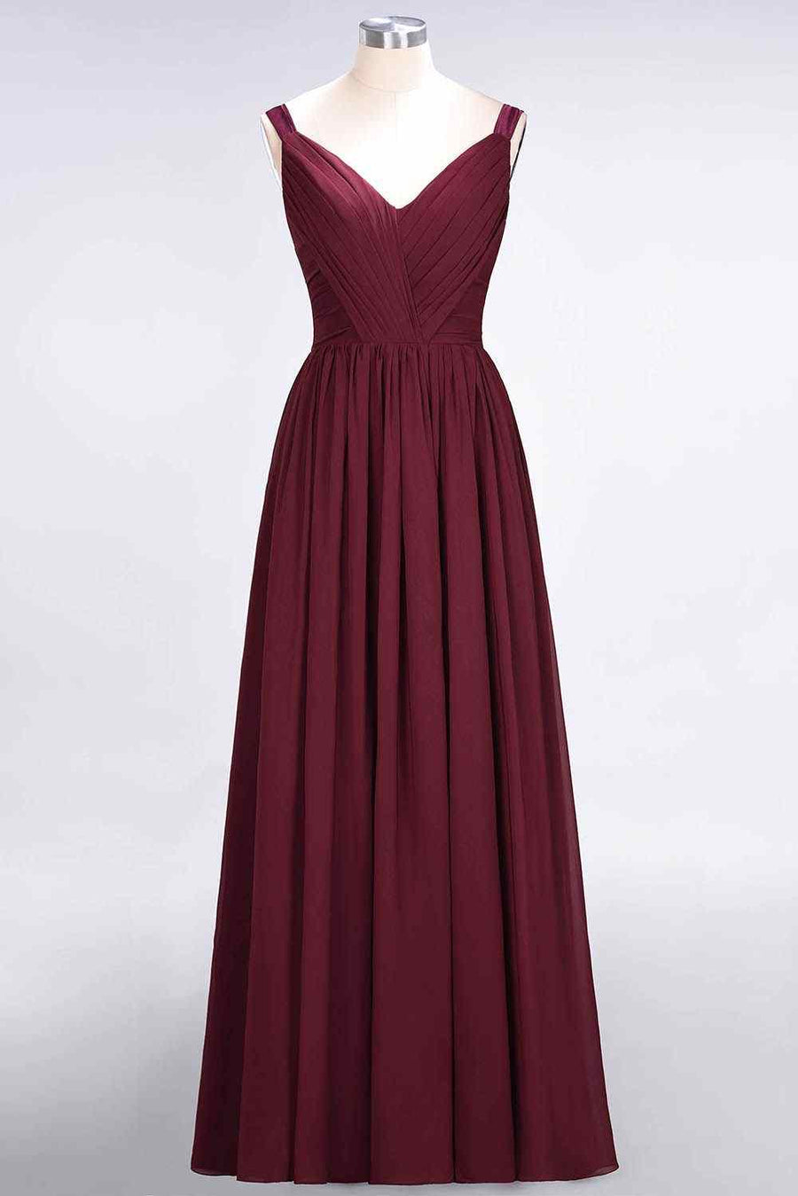 Burgundy A-line V Neck Sheer Straps Pleated Chiffon Long Bridesmaid Dress