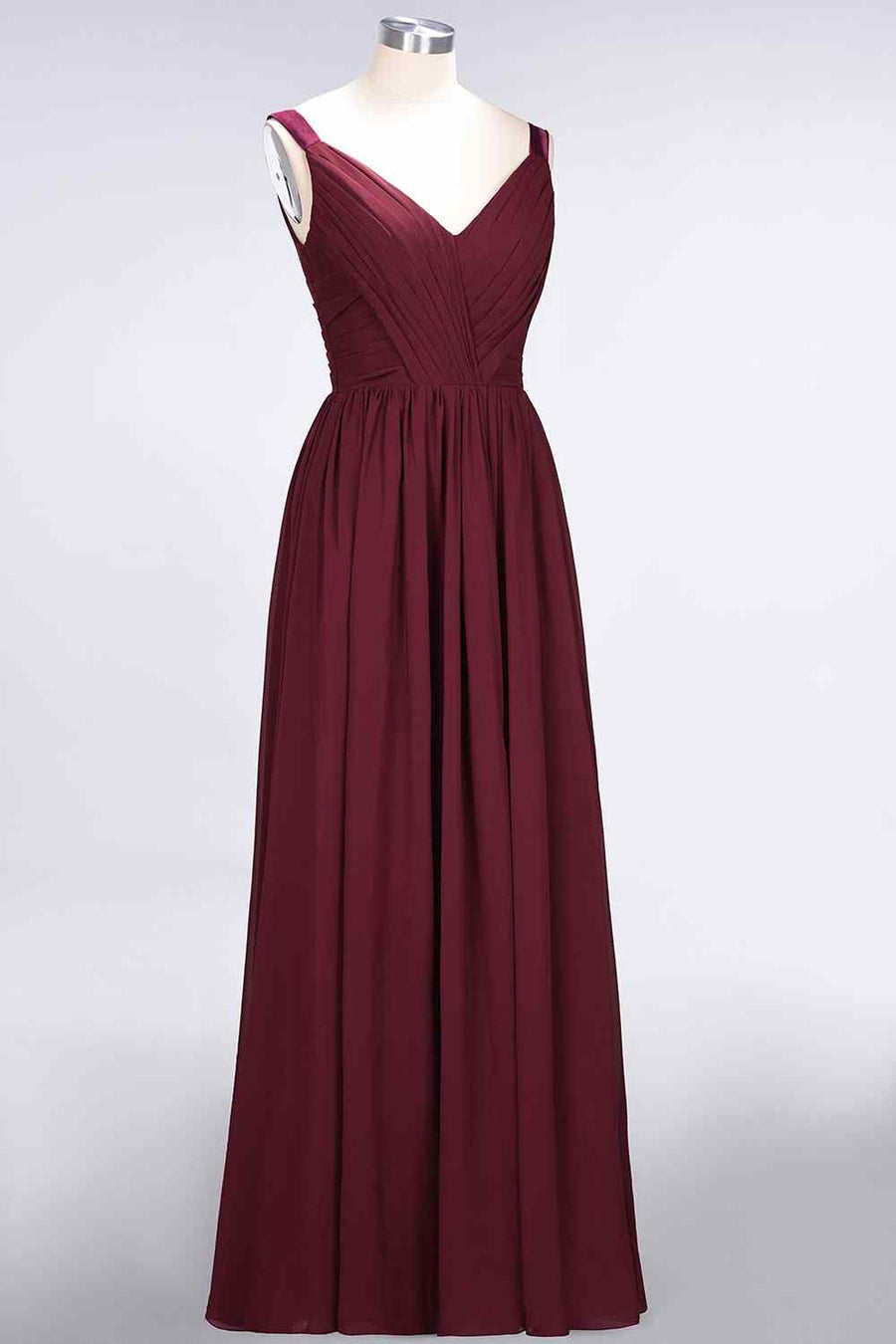 Burgundy A-line V Neck Sheer Straps Pleated Chiffon Long Bridesmaid Dress
