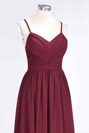 Burgundy A-line Sweetheart Neck Pleated Chiffon Long Bridesmaid Dress