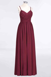 Burgundy A-line Sweetheart Neck Pleated Chiffon Long Bridesmaid Dress