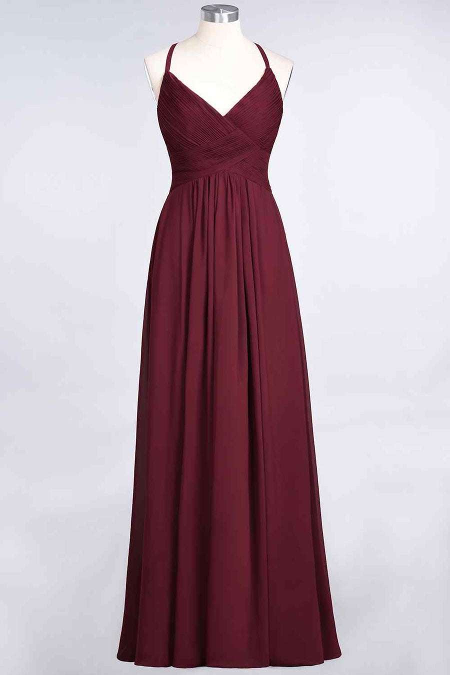 Burgundy A-line V Neck Pleated Crossed Back Chiffon Long Bridesmaid Dress Burgundy / US 14 Burgundy A-line V Neck Pleated Crossed Back Chiffon Long Bridesmaid Dress Burgundy / US 14