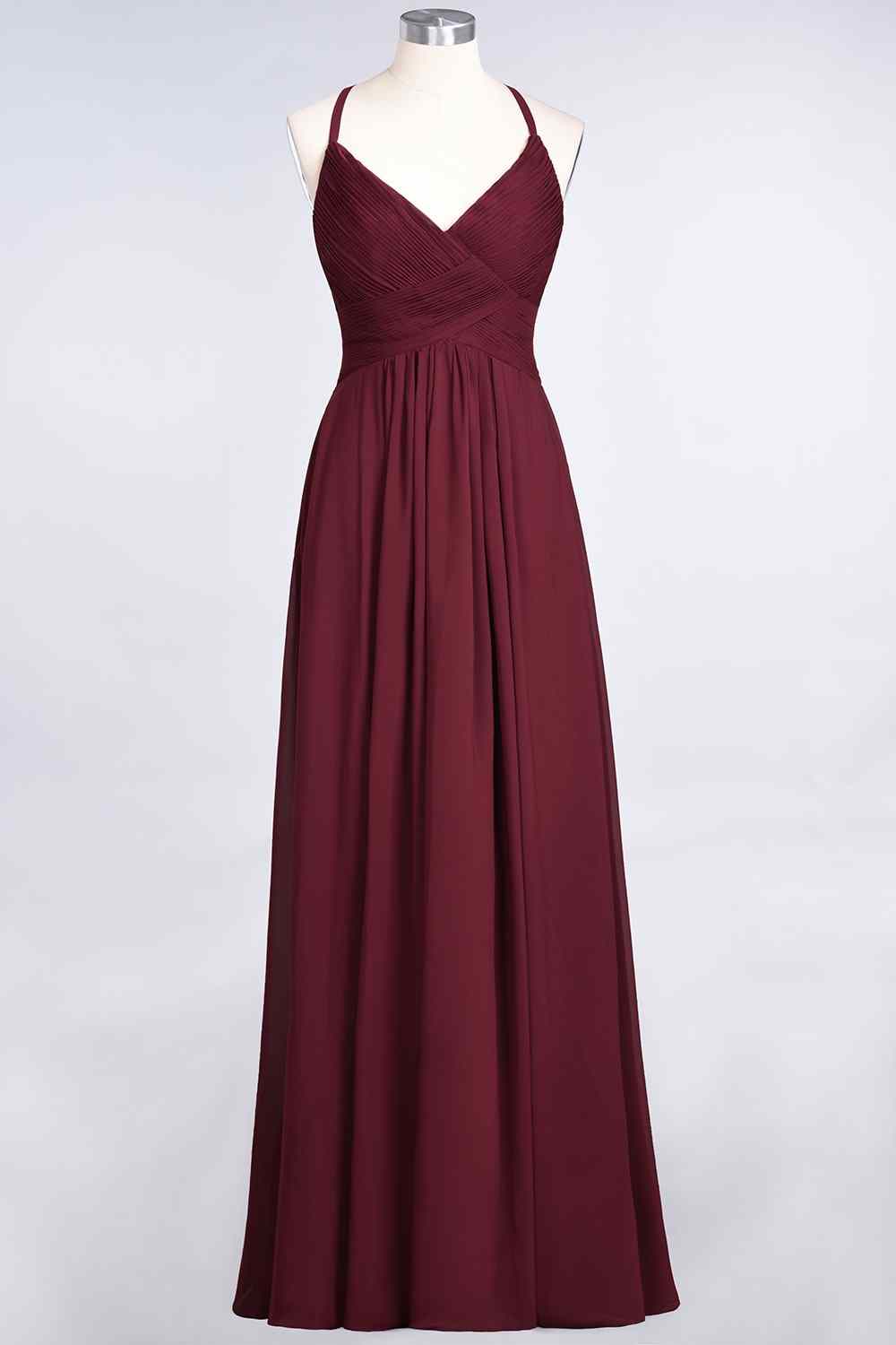 Burgundy A-line V Neck Pleated Crossed Back Chiffon Long Bridesmaid Dress Burgundy / US 14