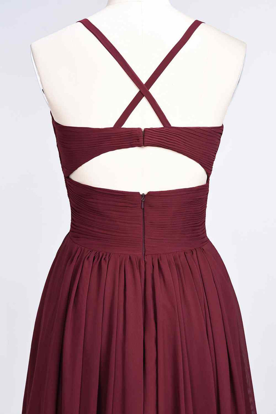  Burgundy A-line V Neck Pleated Crossed Back Chiffon Long Bridesmaid Dress