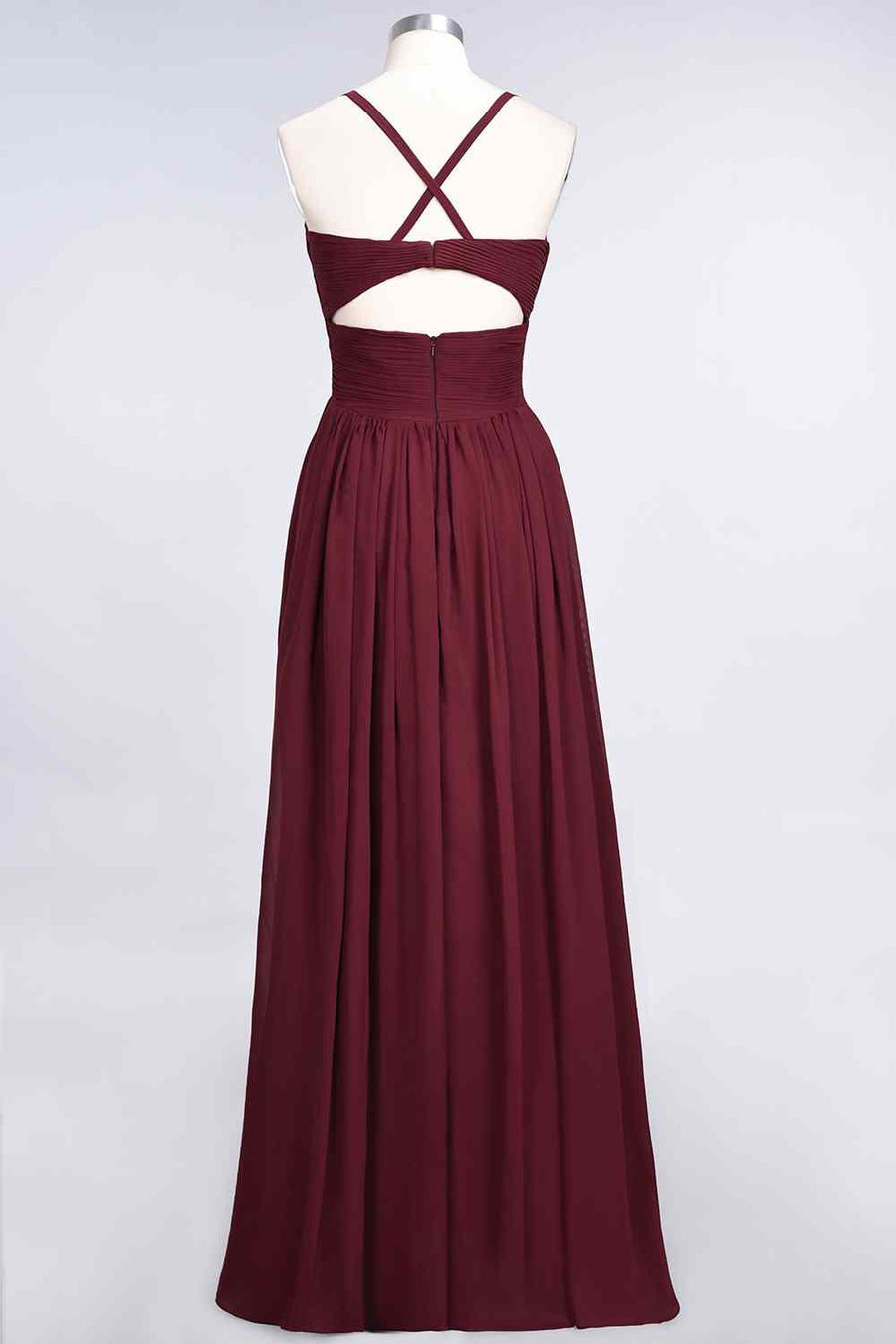  Burgundy A-line V Neck Pleated Crossed Back Chiffon Long Bridesmaid Dress