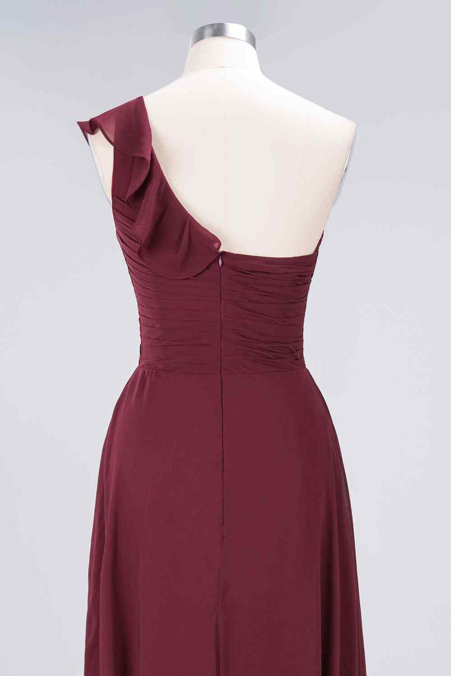 Burgundy A-line Asymmetrical Ruffle Neck Pleated Chiffon Long Bridesmaid Dress