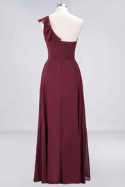 Burgundy A-line Asymmetrical Ruffle Neck Pleated Chiffon Long Bridesmaid Dress