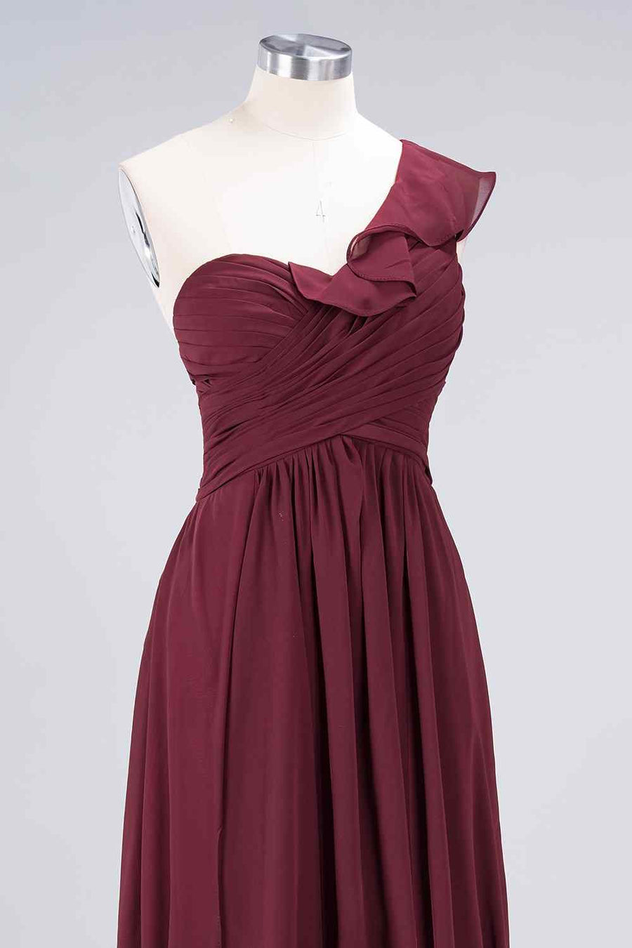 Burgundy A-line Asymmetrical Ruffle Neck Pleated Chiffon Long Bridesmaid Dress Burgundy / Custom Size Burgundy A-line Asymmetrical Ruffle Neck Pleated Chiffon Long Bridesmaid Dress Burgundy / Custom Size