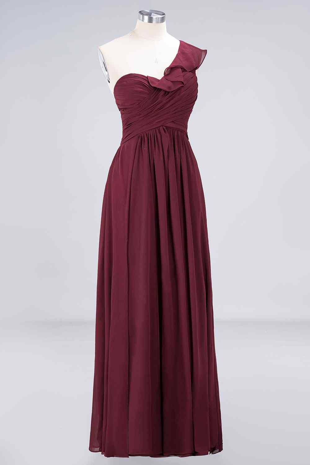 Burgundy A-line Asymmetrical Ruffle Neck Pleated Chiffon Long Bridesmaid Dress