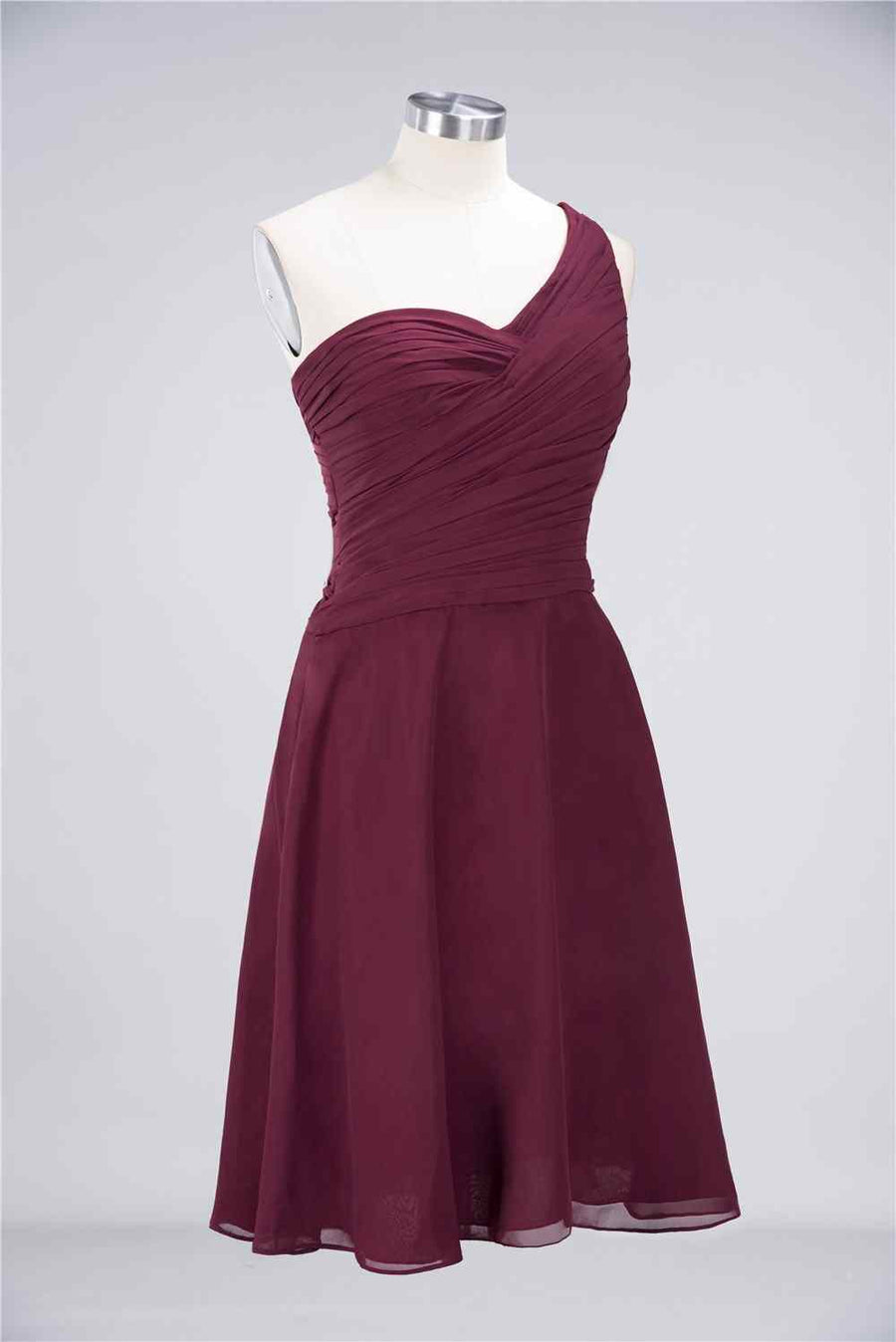 Burgundy A-line Asymmetrical Neck Pleated Chiffon Mini Bridesmaid Dress