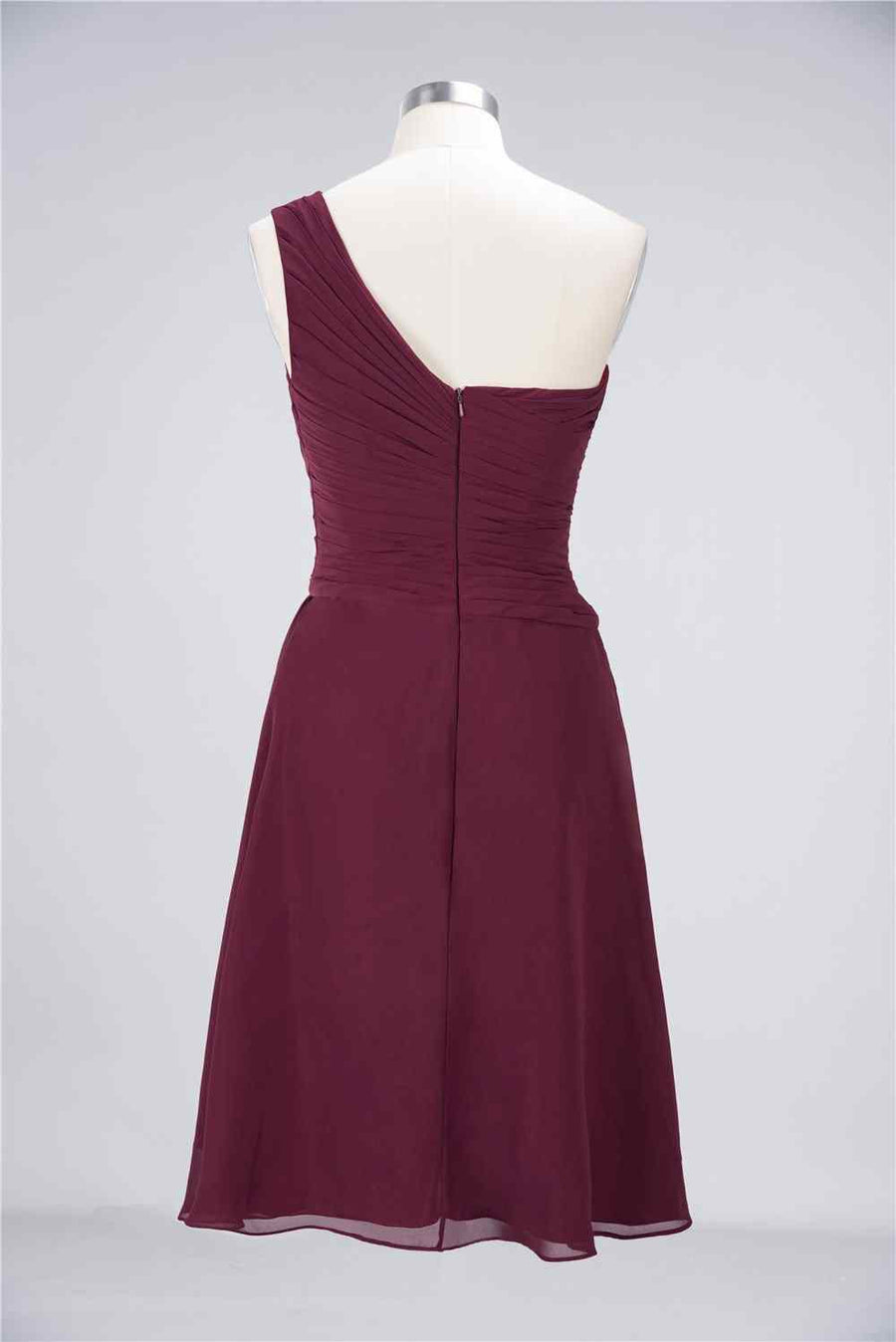 Burgundy A-line Asymmetrical Neck Pleated Chiffon Mini Bridesmaid Dress