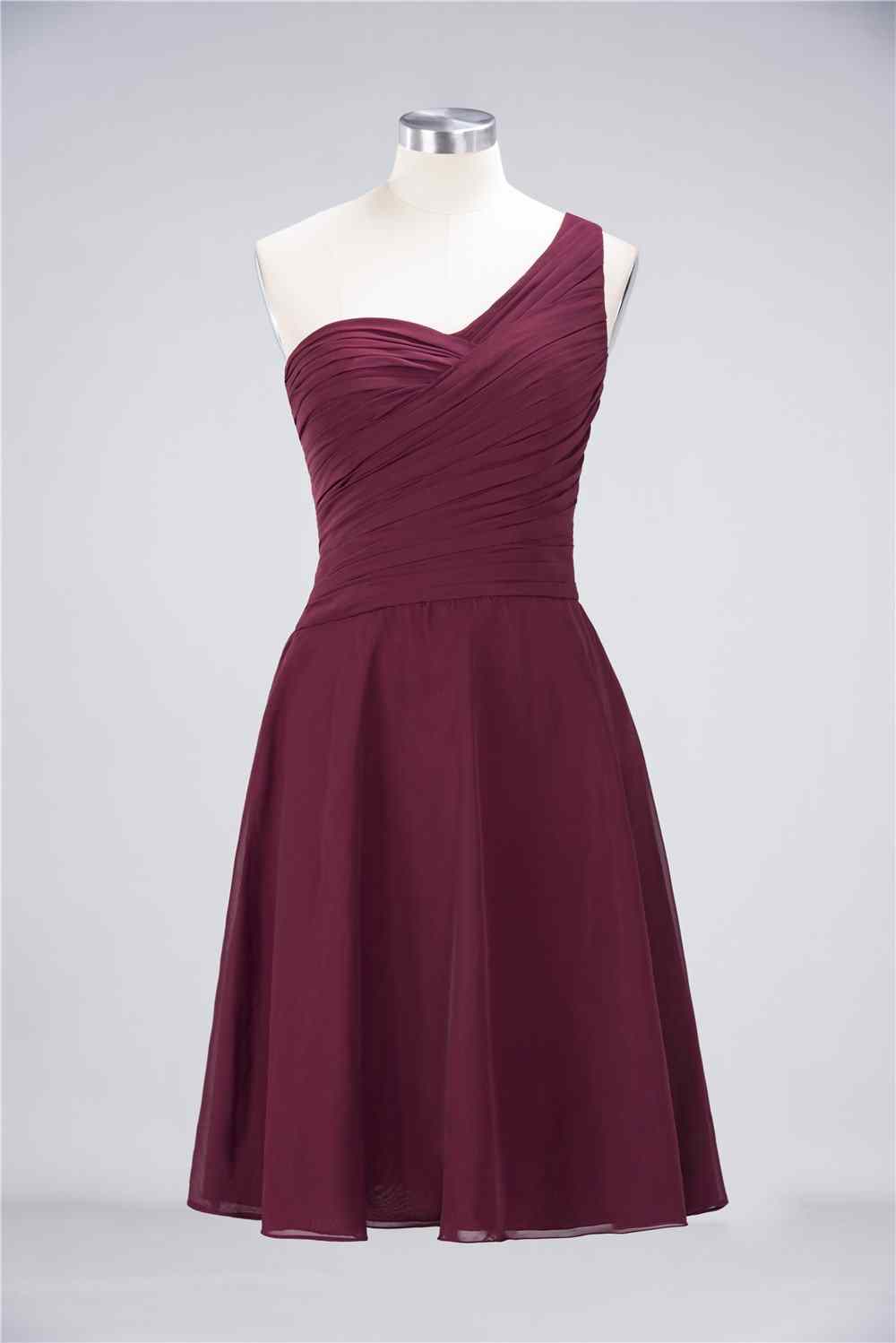 Burgundy A-line Asymmetrical Neck Pleated Chiffon Mini Bridesmaid Dress Burgundy / US 10
