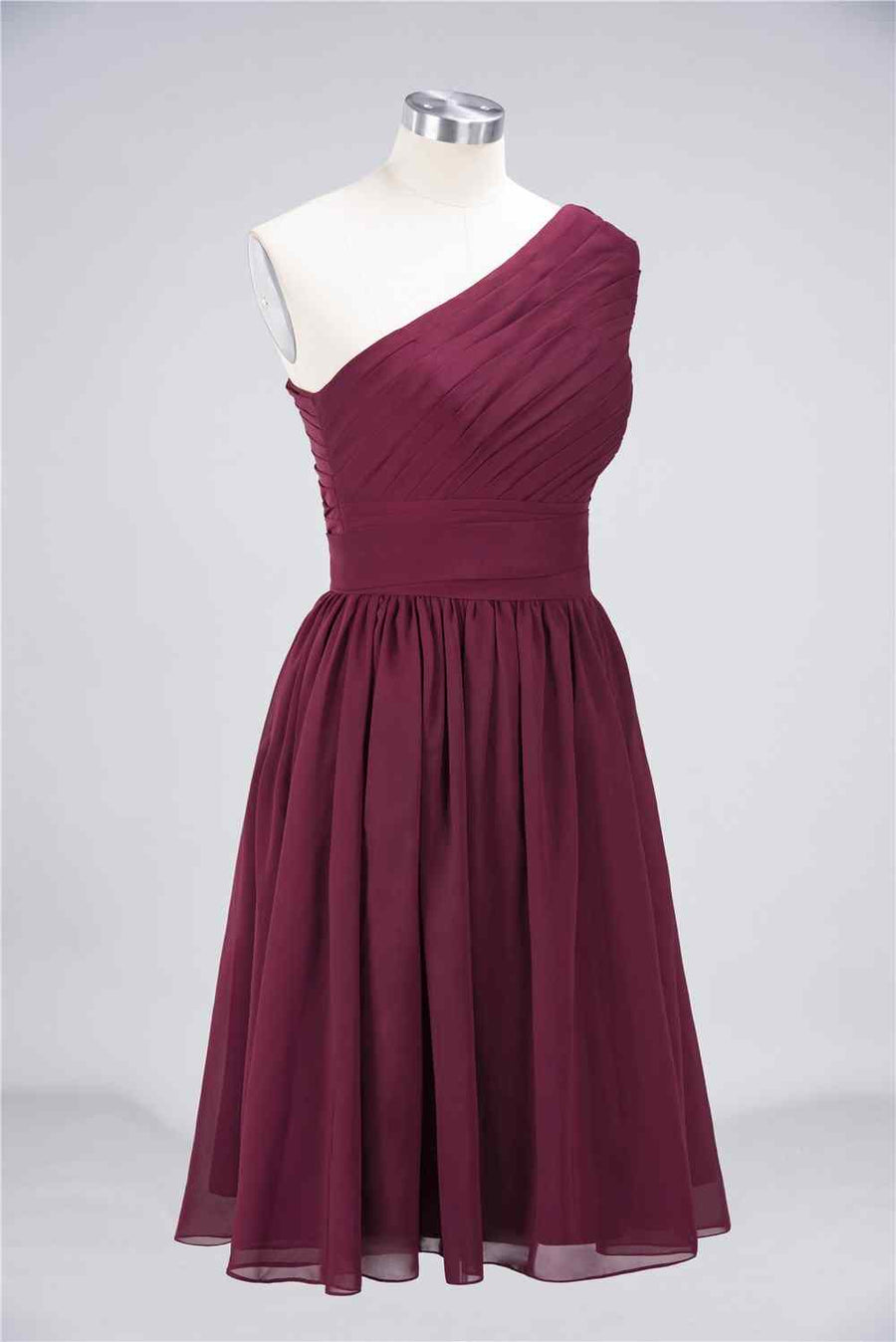 Burgundy A-line One Shoulder Pleated Chiffon Mini Bridesmaid Dress
