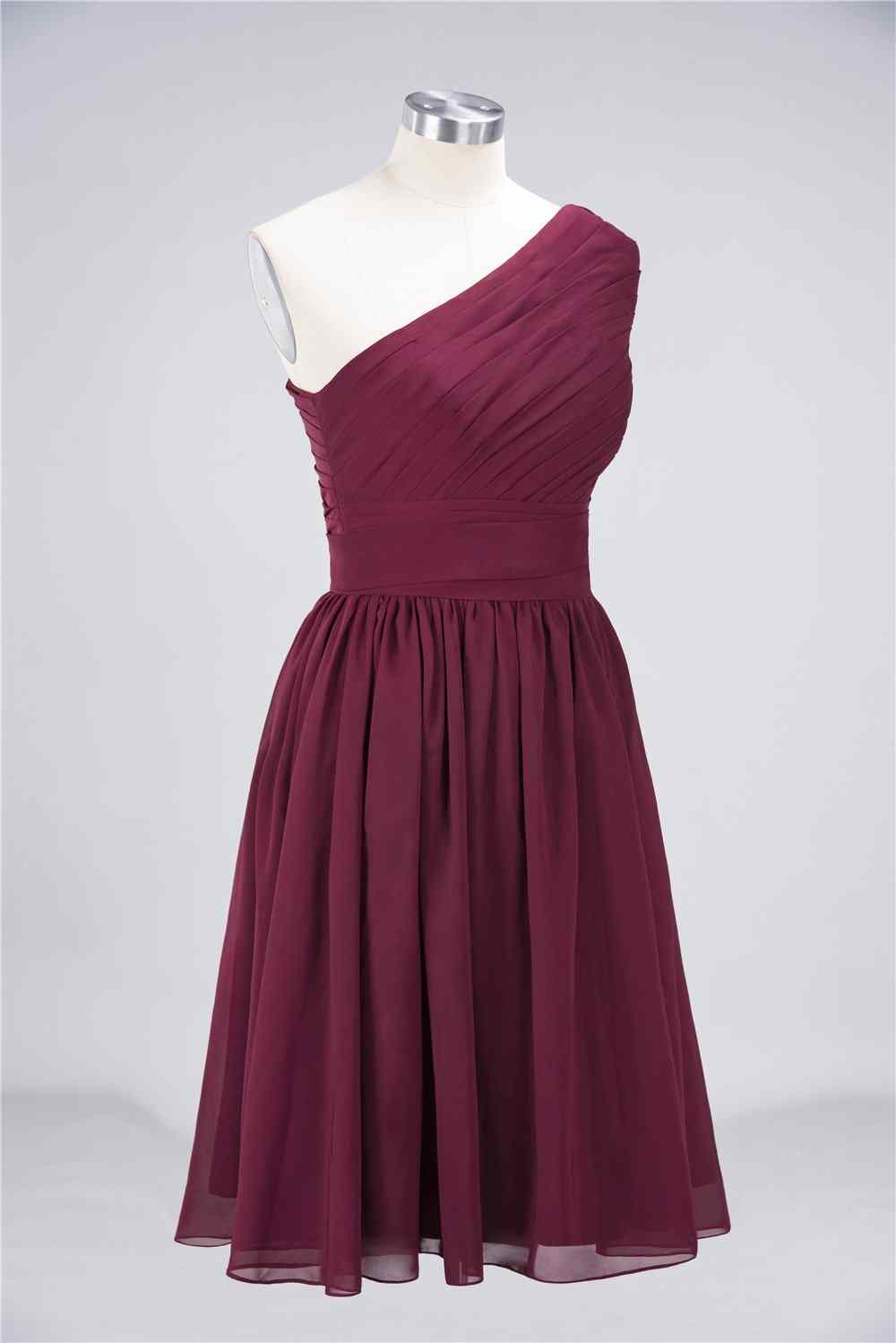 Burgundy A-line One Shoulder Pleated Chiffon Mini Bridesmaid Dress Burgundy / Custom Size