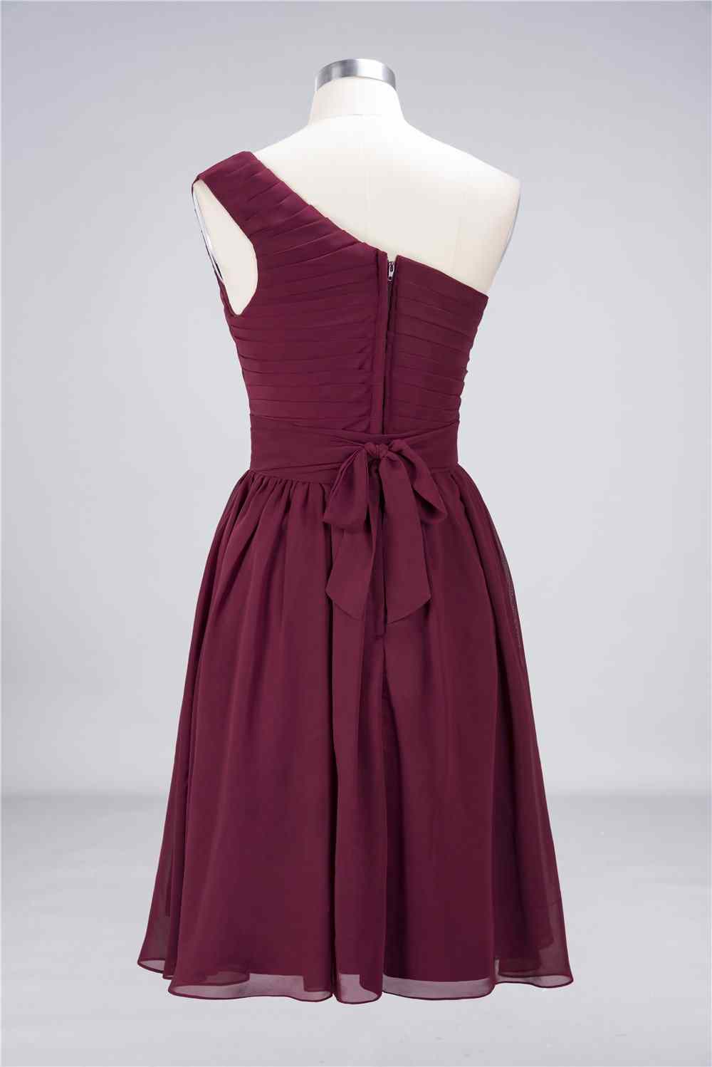 bridesmaid dresses short burgundy A-line One Shoulder Pleated Chiffon Mini Dress Burgundy / Custom Size Collection: Dresses Color:Black (BLK) The Melody dress features Clear As Day Maxi