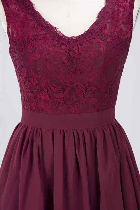 Burgundy A-line Jewel Neck Lace Chiffon Mini Bridesmaid Dress