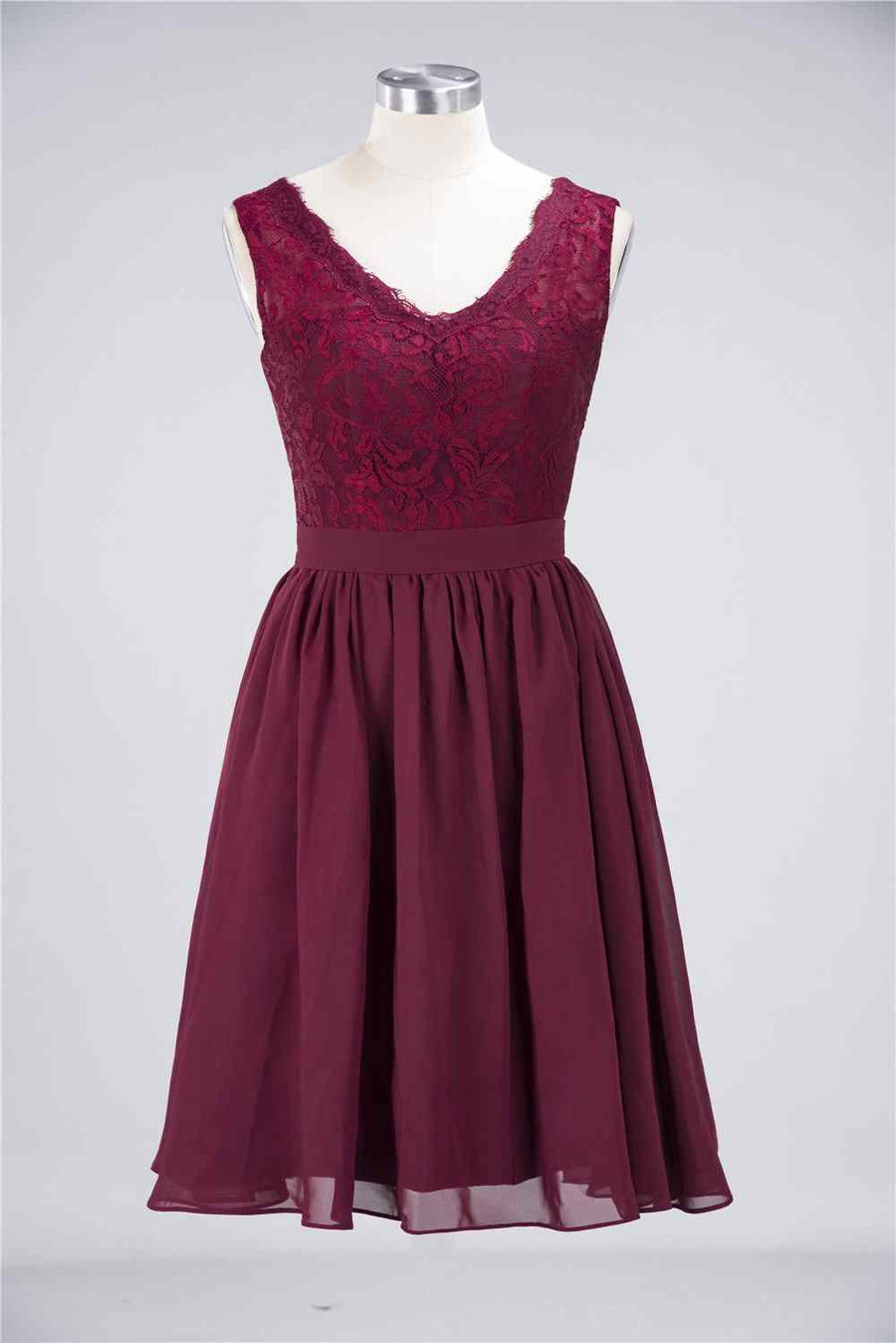 Burgundy A-line Jewel Neck Lace Chiffon Mini Bridesmaid Dress