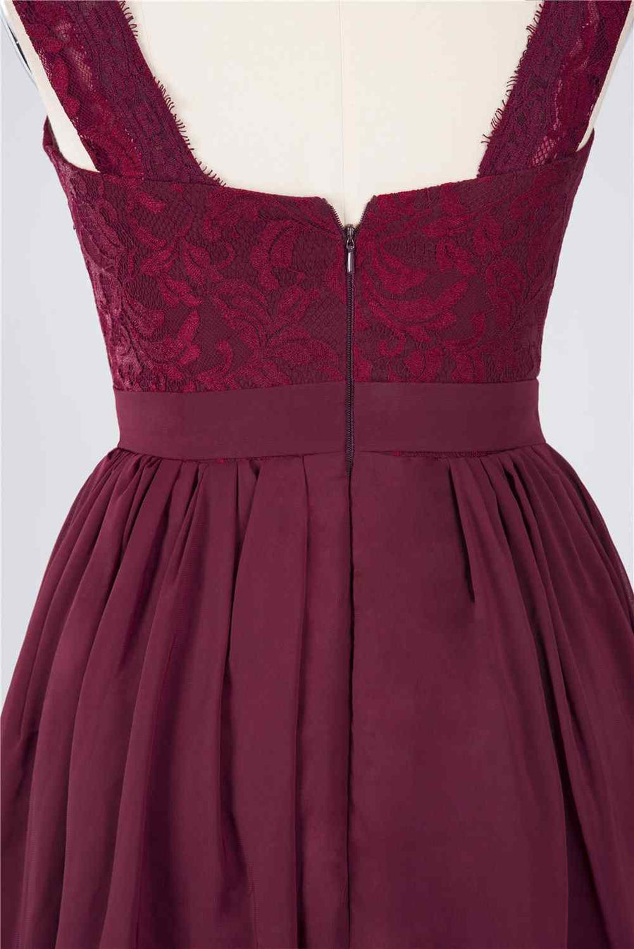 Burgundy A-line Jewel Neck Lace Chiffon Mini Bridesmaid Dress
